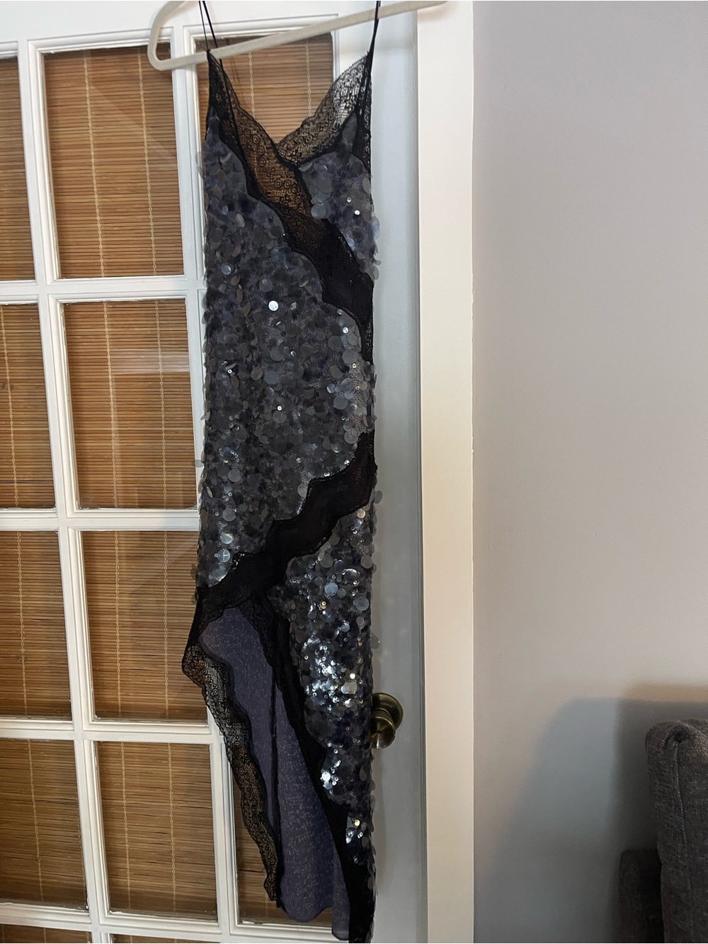 Zara Black grayish blue Sequin Slip Dress with black Lace Trim gorgeous!